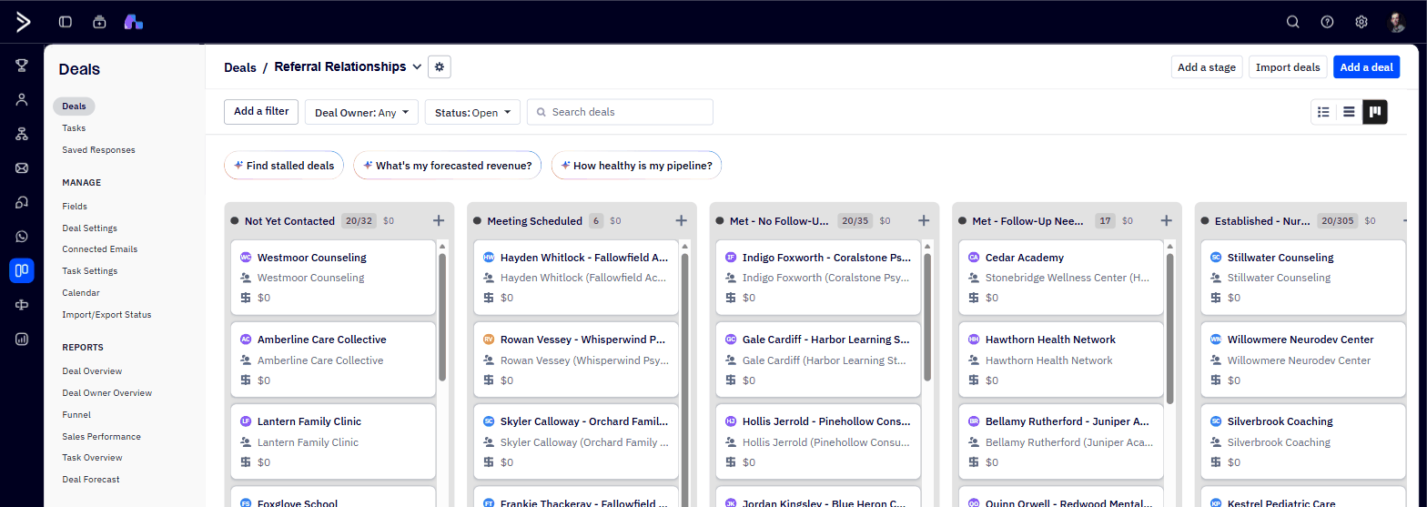 The Referral Relationships pipeline in board view, showing the five stage
              columns with deal cards in each